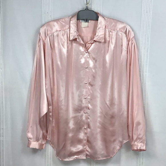 Impressions Of California Tops - VTG Impressions Pink Satin Long Sleeve Blouse Sz.XL